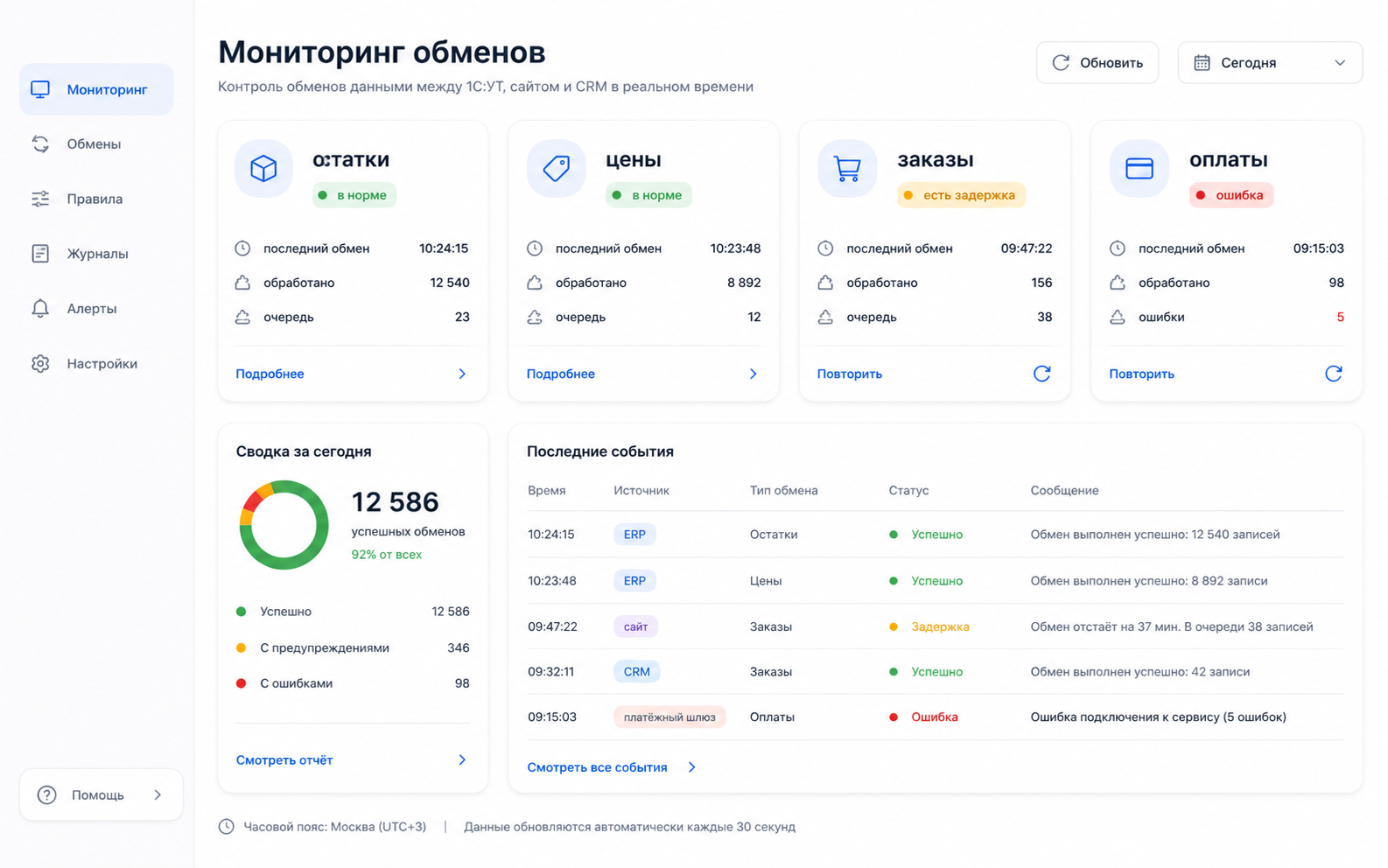 Дашборд статусов обмена 1С с сайтом