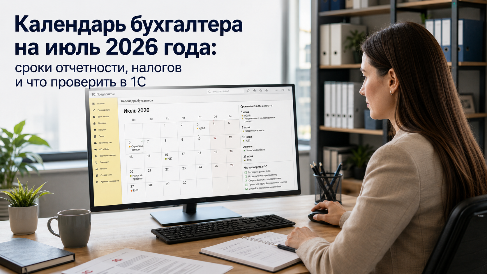 Бухгалтер проверяет календарь отчетности за июль 2026 года в 1С